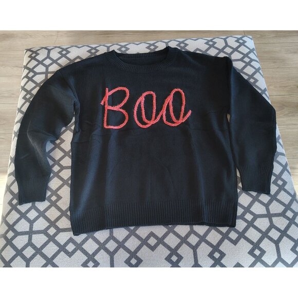 Halloween Sweater Knit Pullover Boo Glitter Design Black Medium 100% Polyester - Picture 3 of 7